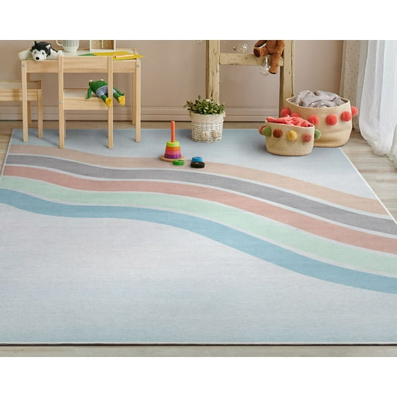 Well Woven Curved Rainbow Pastel Multi Color 3'3" x 5' Apollo Kids Collection