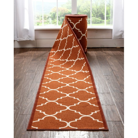 Well Woven Custom Size 22" Wide Runner Non-Slip Rubber Backed Machine Washable Hall Rug 22 Inches Wide x 55 Feet Long Runner (22" x 55' Runner) Brooklyn Trellis Red Geometric Indoor Outdoor Low Pile