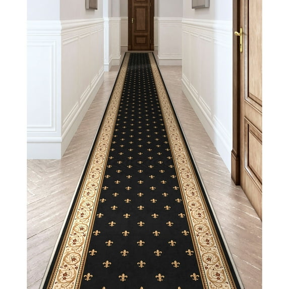 Well Woven Custom Size Hallway Stair Runner Apollo Fleur De Lis Black (31" x 17' Runner) Rug