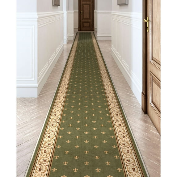 Well Woven Custom Size Hallway Stair Runner Apollo Fleur De Lis Green (27" x 20' Runner) Rug