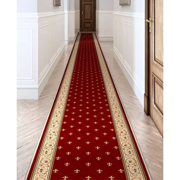 Well Woven Custom Size Hallway Stair Runner Apollo Fleur De Lis Red (31" x 12' Runner) Rug