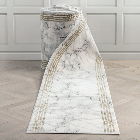 Well Woven Custom Size Indoor/Outdoor Runner - Choose Your Length - Lezlee Ivory Retro Border Marble Pattern 27 Inches Wide x 11 Feet Long Runner (27" x 11' Runner) Rug