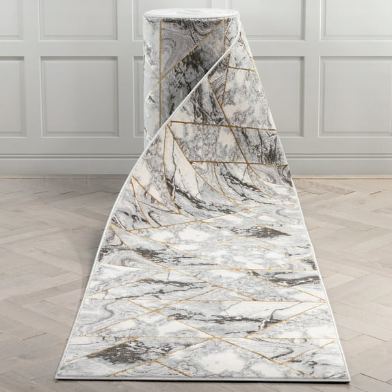 Well Woven Custom Size Indoor/Outdoor Runner - Choose Your Length - Corbin Grey Retro Triangles Marble Pattern 31 Inches Wide x 11 Feet Long Runner (31" x 11' Runner) Rug