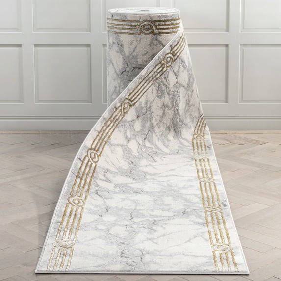 Well Woven Custom Size Indoor/Outdoor Runner - Choose Your Length - Lezlee Ivory Retro Border Marble Pattern 31 Inches Wide x 18 Feet Long Runner (31" x 18' Runner) Rug