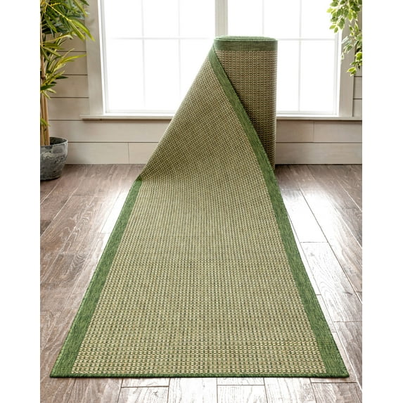 Well Woven Custom Size Indoor/Outdoor Runner - Choose Your Length - Woden Green Indoor/Outdoor Flat Pile Solid Color Border Pattern 31 Inch Wide x 80 Feet Long Runner (31" x 80' Runner) Rug