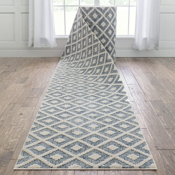 Well Woven Custom Size Runner - Choose Your Length - Ainsley Blue Diamond Trellis Geometric Tribal - 31 Inches Wide x 60 Feet Long Runner (31" x 60' Runner) Rug