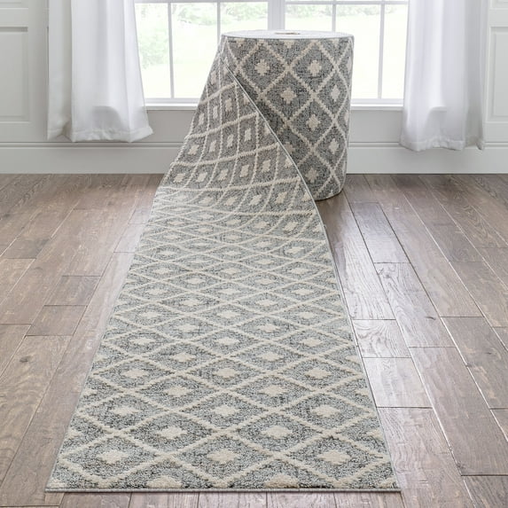 Well Woven Custom Size Runner - Choose Your Length - Ainsley Grey Diamond Trellis Geometric Tribal - 27 Inches Wide x 20 Feet Long Runner (27" x 20' Runner) Rug