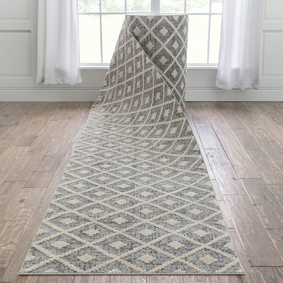 Well Woven Custom Size Runner - Choose Your Length - Ainsley Grey Diamond Trellis Geometric Tribal - 31 Inches Wide x 75 Feet Long Runner (31" x 75' Runner) Rug