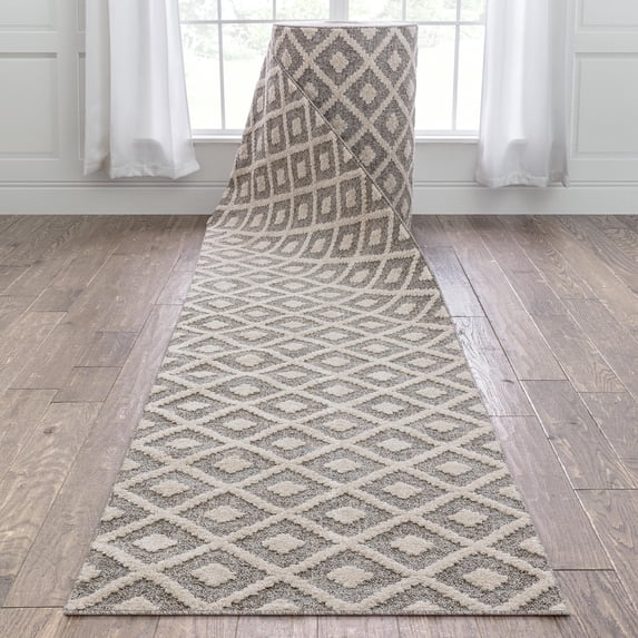 Well Woven Custom Size Runner - Choose Your Length - Ainsley Ivory Diamond Trellis Geometric Tribal - 31 Inches Wide x 17 Feet Long Runner (31" x 17' Runner) Rug