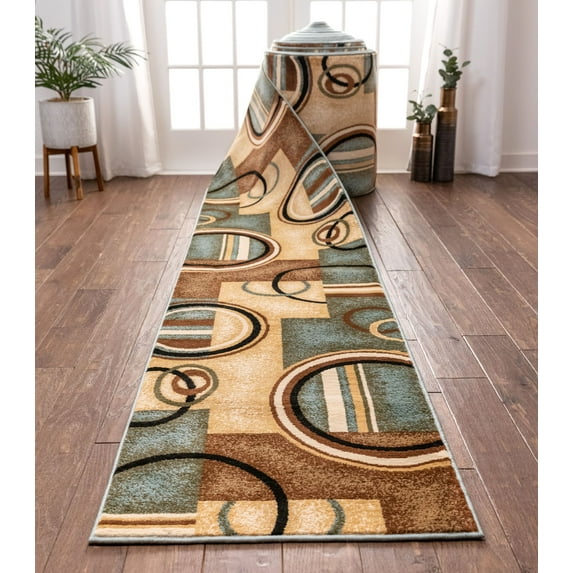 Well Woven Custom Size Runner - Choose Length - Deco Rings Light Blue Geometric Modern 27 Inch Wide x 35 Feet Long Runner (27" x 35') Abstract Color Block Carpet