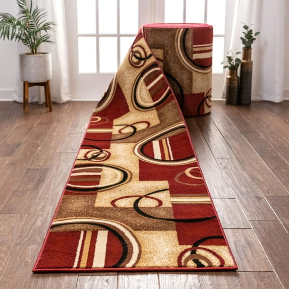 Well Woven Custom Size Runner - Choose Length - Deco Rings Red Geometric Modern 27 Inch Wide x 45 Feet Long Runner (27" x 45') Abstract Color Block Carpet