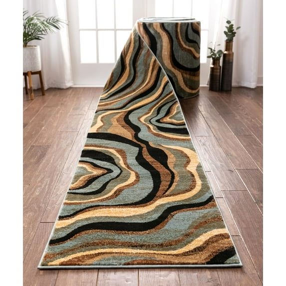 Well Woven Custom Size Runner - Choose Length - Hudson Waves Blue Geometric Stripes Modern 27 Inch Wide x 25 Feet Long Runner (27" x 25') Abstract Stripes Carpet