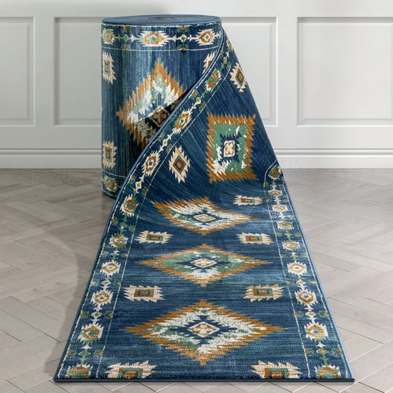 Well Woven Custom Size Runner - Choose Your Length - Lizette Blue Southwestern Medallion Tribal Medallion 31 Inches Wide x 70 Feet Long Runner (31" x 70' Runner) Rug