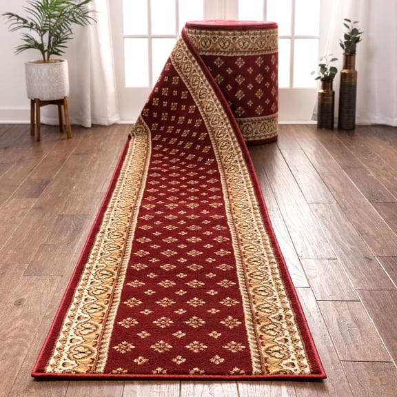 Well Woven Custom Size Runner - Choose Length - Noble Palace Red French European Traditional 27 Inch Wide x 40 Feet Long Runner (27" x 40') Floral Border Carpet