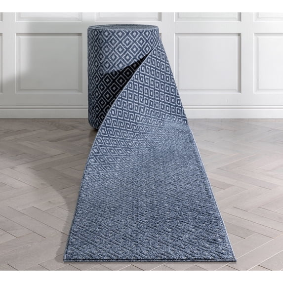 Well Woven Custom Size Runner - Choose Your Length - Piano Dark Blue Tribal Diamond Geometric 27 Inches Wide x 13 Feet Long Runner (27" x 13' Runner) Rug