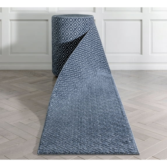 Well Woven Custom Size Runner - Choose Your Length - Piano Dark Blue Tribal Diamond Geometric 27 Inches Wide x 25 Feet Long Runner (27" x 25' Runner) Rug