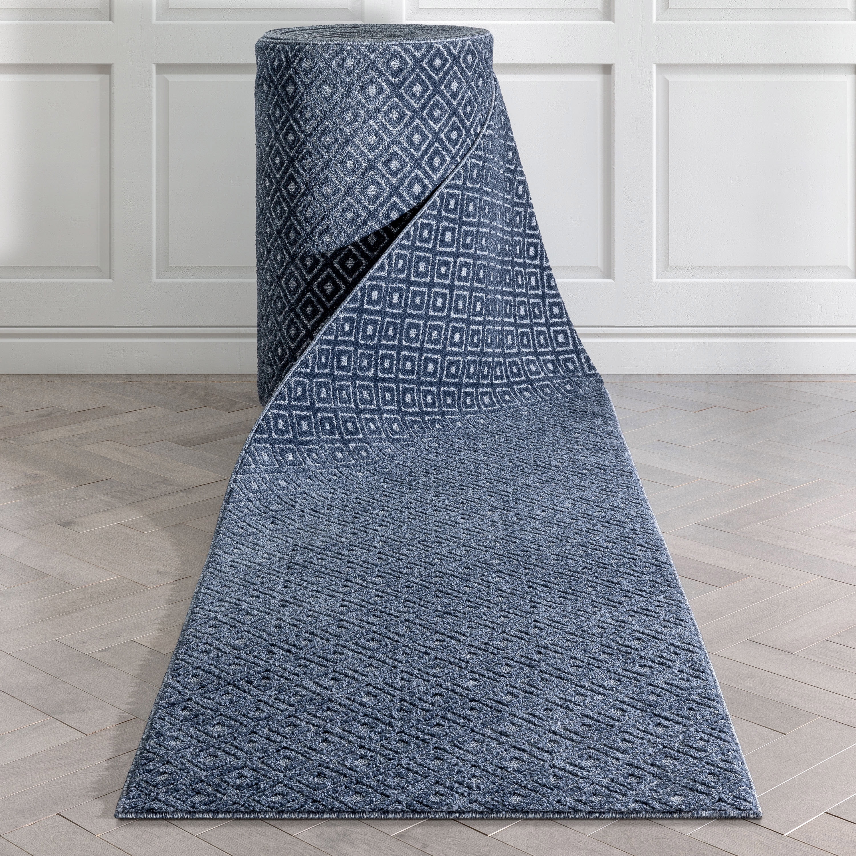 32x12 Inch Rug Well Woven Custom Size Runner - Choose Your Length - Piano Dark Blue ...