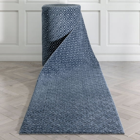 Well Woven Custom Size Runner - Choose Your Length - Piano Dark Blue Tribal Diamond Geometric 31 Inches Wide x 99 Feet Long Runner (31" x 99' Runner) Rug
