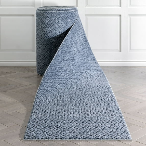 Well Woven Custom Size Runner - Choose Your Length - Piano Light Blue Tribal Diamond Geometric 31 Inches Wide x 80 Feet Long Runner (31" x 80' Runner) Rug