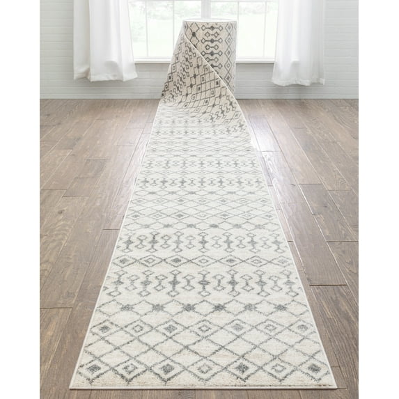 Well Woven Custom Size Runner - Choose Your Length - Transitete Ivory & Grey Nordic Tribal 27 Inches Wide x 20 Feet Long Runner (27" x 20' Runner) Rug