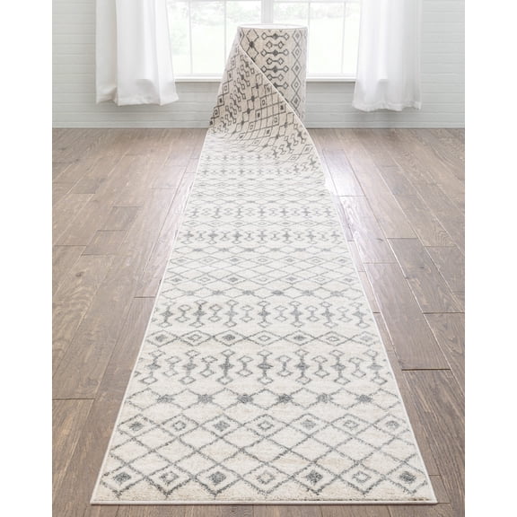 Well Woven Custom Size Runner - Choose Your Length - Transitete Ivory & Grey Nordic Tribal 27 Inches Wide x 35 Feet Long Runner (27" x 35' Runner) Rug