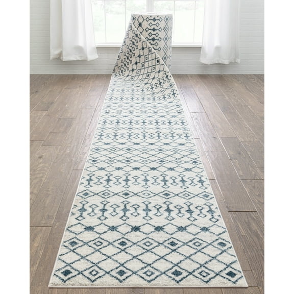 Well Woven Custom Size Runner - Choose Your Length - Transitete Light & Blue & Ivory Nordic Tribal 27 Inches Wide x 35 Feet Long Runner (27" x 35' Runner) Rug