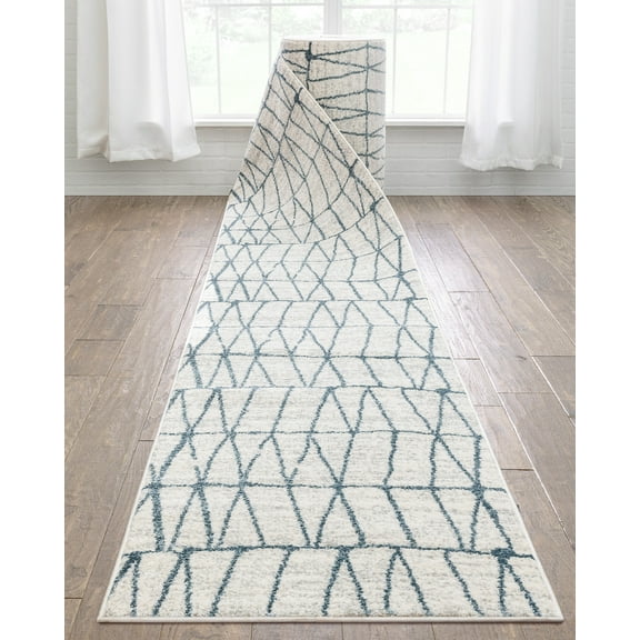 Well Woven Custom Size Runner - Choose Your Length - Crox Blue & Ivory Nordic Geometric 27 Inches Wide x 15 Feet Long Runner (27" x 15' Runner) Rug