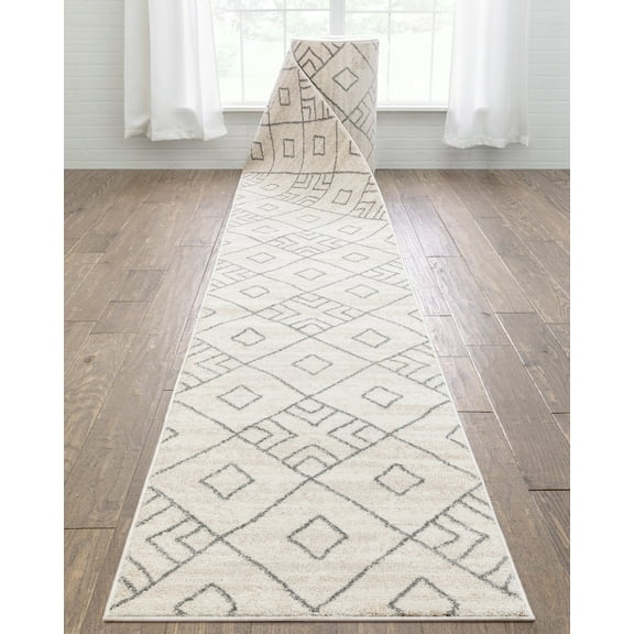 Well Woven Custom Size Runner - Choose Your Length - Dellio Ivory & Grey Moroccan Tribal 27 Inches Wide x 17 Feet Long Runner (27" x 17' Runner) Rug