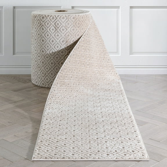 Well Woven Custom Size Runner - Choose Your Length - Piano Beige Tribal Diamond Geometric 27 Inches Wide x 30 Feet Long (27" x 30') Runner Rug