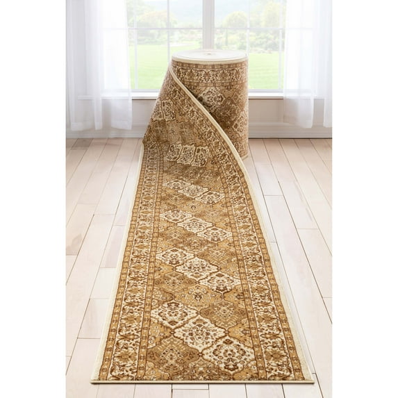 Well Woven - Custom Size Runner - Choose Your Length - Pyla Traditional Multi Color Panel Design Runner Rug 2'3" x 100' Ivory & Tan