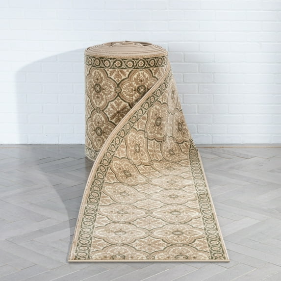 Well Woven Custom Size Runner - Choose Your Length - Silas Beige Persian Quatrefoil 27 Inches Wide x 16 Feet Long (27" x 16') Runner Rug