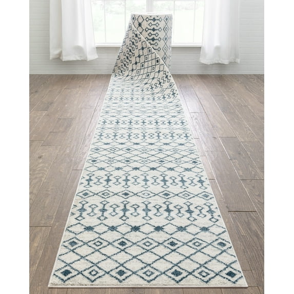 Well Woven Custom Size Runner - Choose Your Length - Transitete Light & Blue & Ivory Nordic Tribal 27 Inches Wide x 40 Feet Long Runner (27" x 40' Runner) Rug
