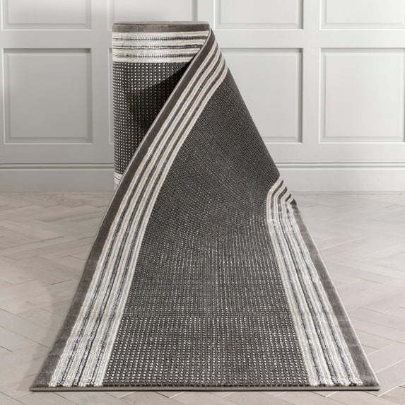 Well Woven Custom Size Runner - Choose Your Length - Whelon Grey Striped Border Pattern 31 Inches Wide x 35 Feet Long Runner (31" x 35' Runner) Rug