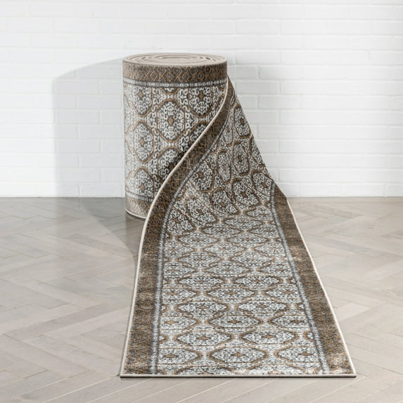 Well Woven Custom Size Runner - Choose Your Length - Zhera Grey & Golden Rust Moroccan Tile Border 27 Inches Wide x 10 Feet Long Runner (27" x 10' Runner) Rug