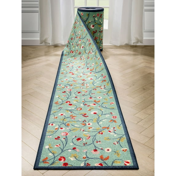 Well Woven Custom Size Runner Non-Slip Jenni Light Blue Floral Machine Washable Hall - (22" x 40' Runner) Rug