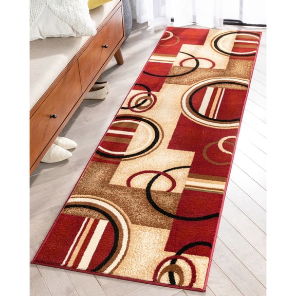 Well Woven Deco Rings Red Ivory Light Blue Area Rug 2'3" x 7'3" Runner