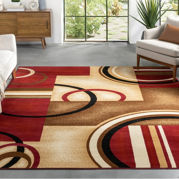 Well Woven Deco Rings Red Ivory Light Blue Geometric Modern Casual Area Rug Easy to Clean Stain Fade Resistant Shed Free Abstract Contemporary Color Block Boxes Lines Soft Living Dining Room Rug