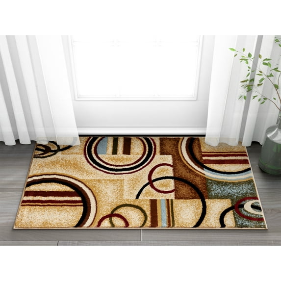 Well Woven Deco Rings Red Ivory Light Blue Geometric Modern Casual Area Rug Easy to Clean Stain Fade Resistant Shed Free Abstract Contemporary Color Block Boxes Lines Soft Living Dining Room Rug