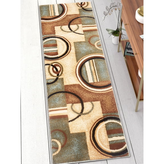 Well Woven Deco Rings Red Ivory Light Blue Geometric Modern Casual Area Rug Easy to Clean Stain Fade Resistant Shed Free Abstract Contemporary Color Block Boxes Lines Soft Living Dining Room Rug