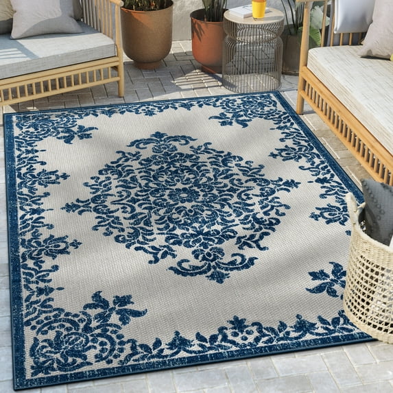 Well Woven Dorado Arid Modern Floral Blue Indoor/ Outdoor High-Low Pile 7'10" x 9'10" Area Rug