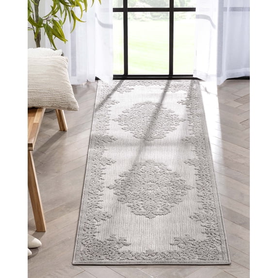 Well Woven Dorado Arid Modern Floral Grey Indoor/ Outdoor High-Low Pile 2'3" x 7'3" Runner Rug