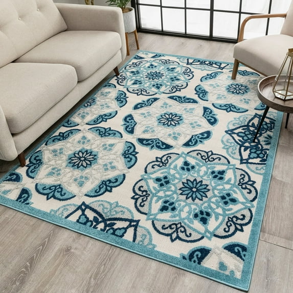 Well Woven Dorado Cabo Floral Blue 7'10" x 9'10" Indoor/Outdoor High-Low Area Rug