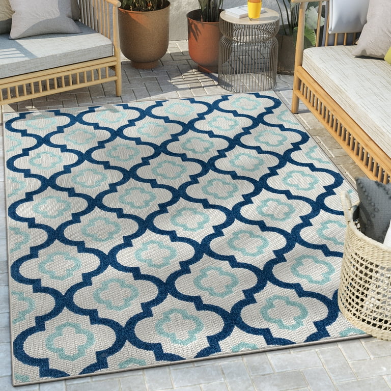 7'X10' Navy Blue Hand Hooked Uv Treated Trellis Indoor Outdoor Area Rug 7'X10' Navy Blue Hand Hooked Uv Treated Trellis Indoor Outdoor Area Rug