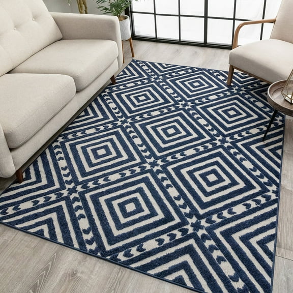 Well Woven Dorado Metier 5'3" x 7'3" Modern Geometric Trellis Blue High-Low Indoor/Outdoor Area Rug