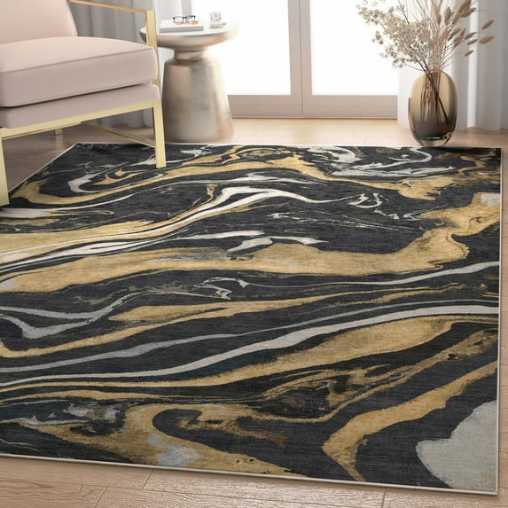 Well Woven Dunes Flatweave Flecked Marble 5'3" x 7'3" Area Rug Black Gold