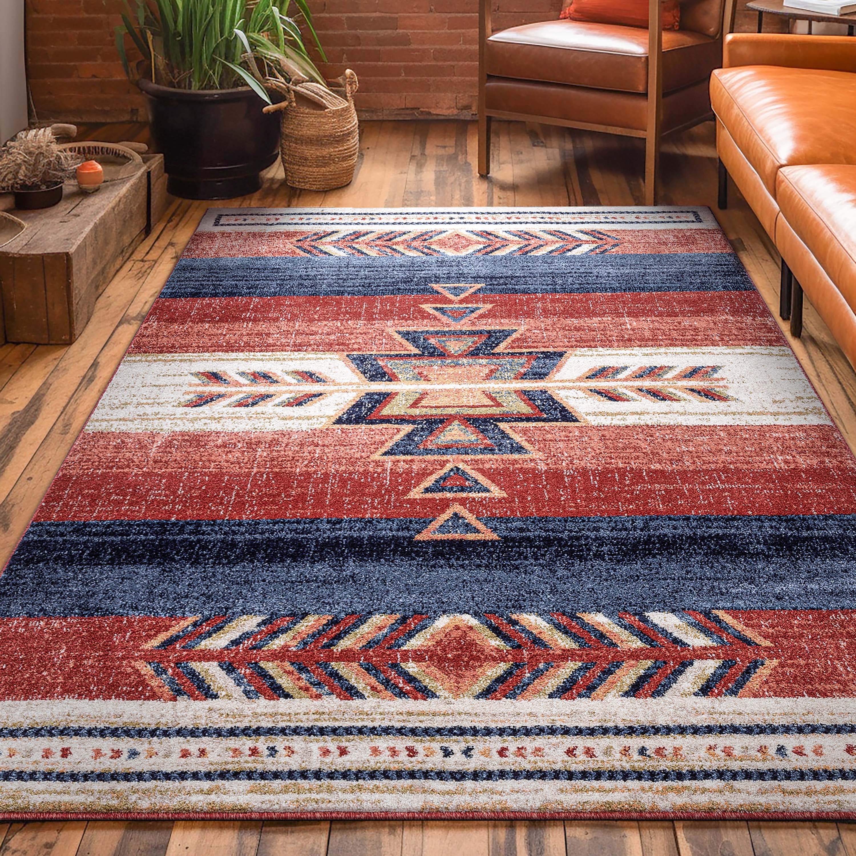 Crimson and Blue Southwestern Medallion Pattern Area Rug 5' x 7'