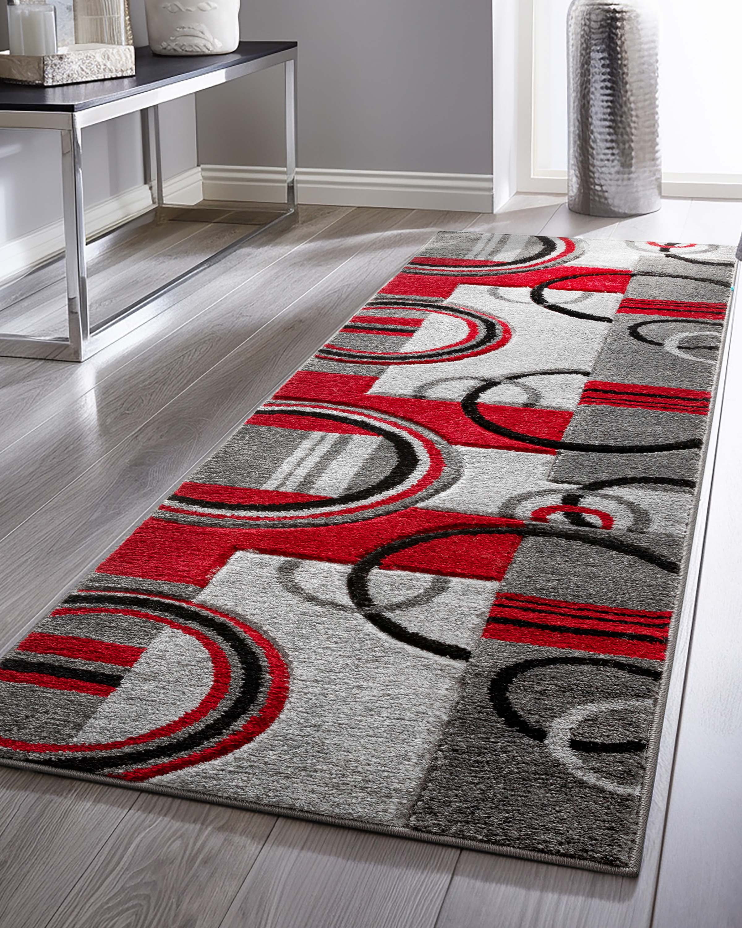 Ruby Galaxy Waves Red and Gray Geometric Runner Rug 2' x 7'