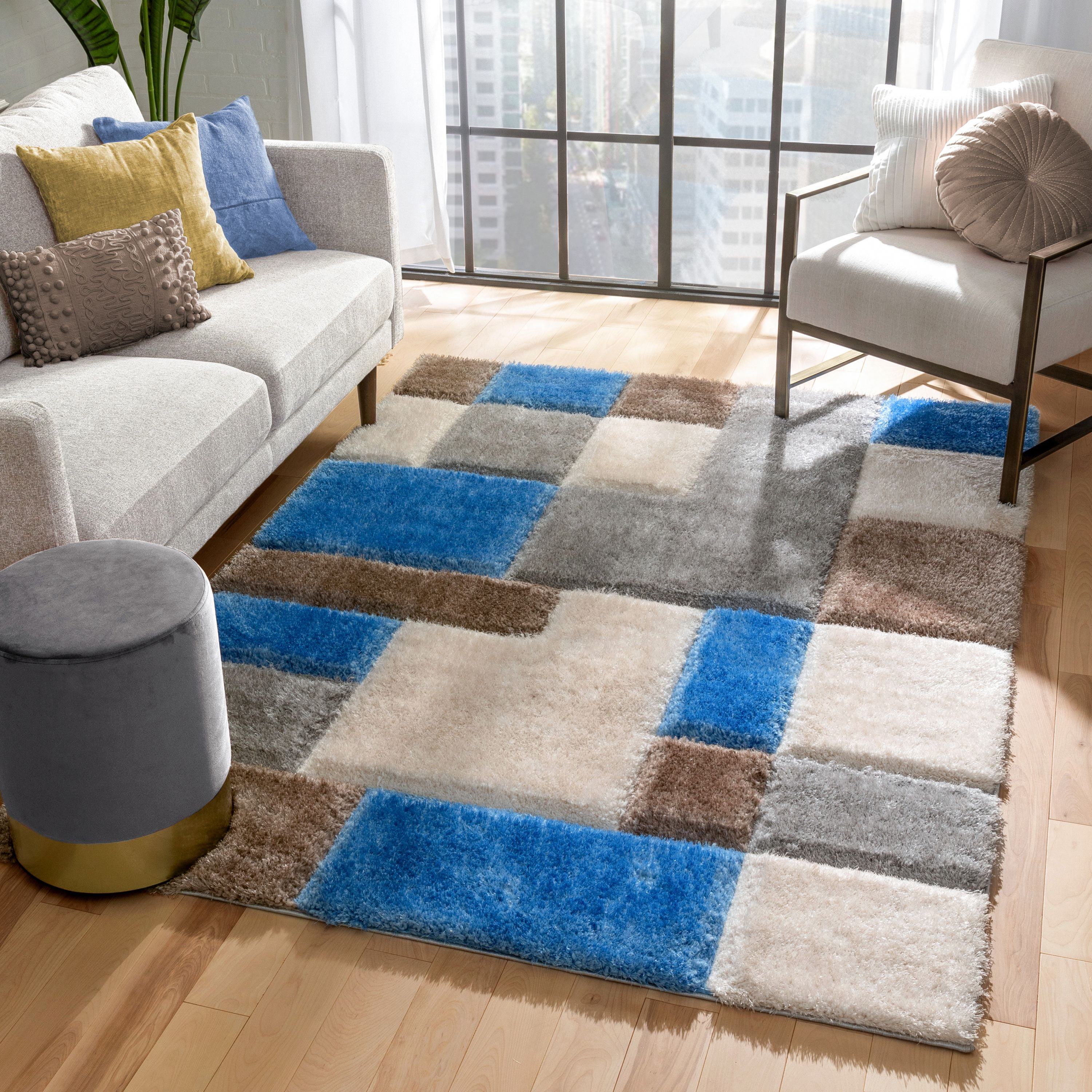 Well Woven Ella Light Blue Geometric Boxes 3D Textured Shag Area Rug 7 ...