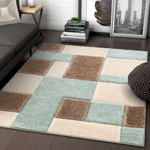 Well Woven Ella Light Blue Geometric Boxes Thick Soft Plush 3D Textured Shag Area Rug