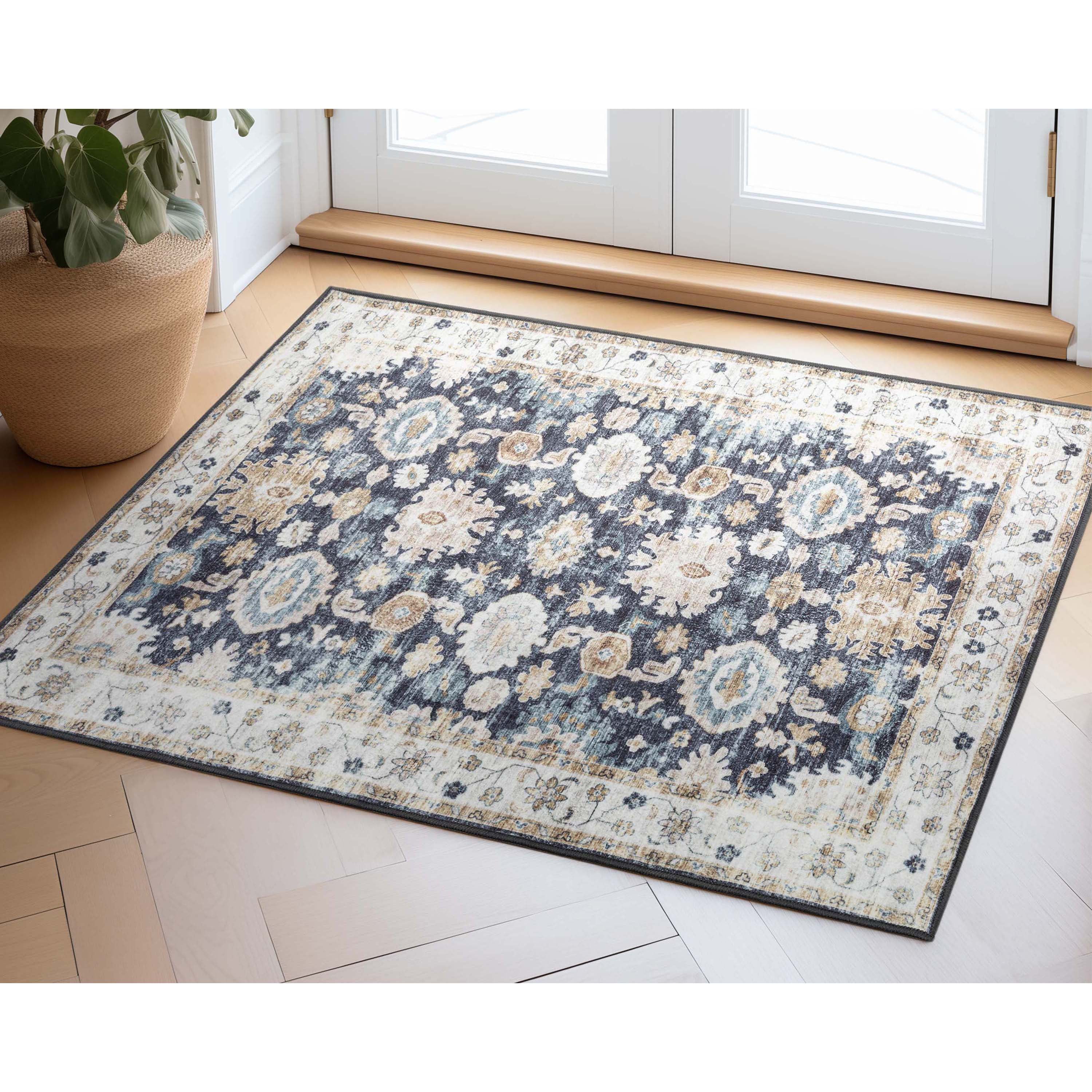Well Woven Elle Basics Gala Vintage Oriental Botanical Border Black 2' x 3' Area Rug Non-Slip Rubber Backed Washable Rug for Bedroom Kitchen & Entryways